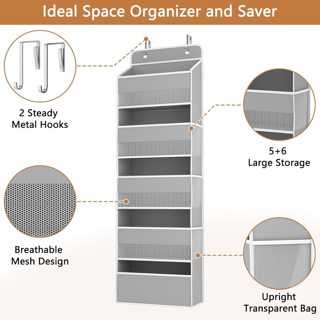 1 Pack 5-Tier Over the Door Organizer, Heavy-Duty Large Deep Pocket Hanging With 5 Large Front & 6 Side Pockets With for Pantry, Kitchen, Bathroom, Dorm, Grey