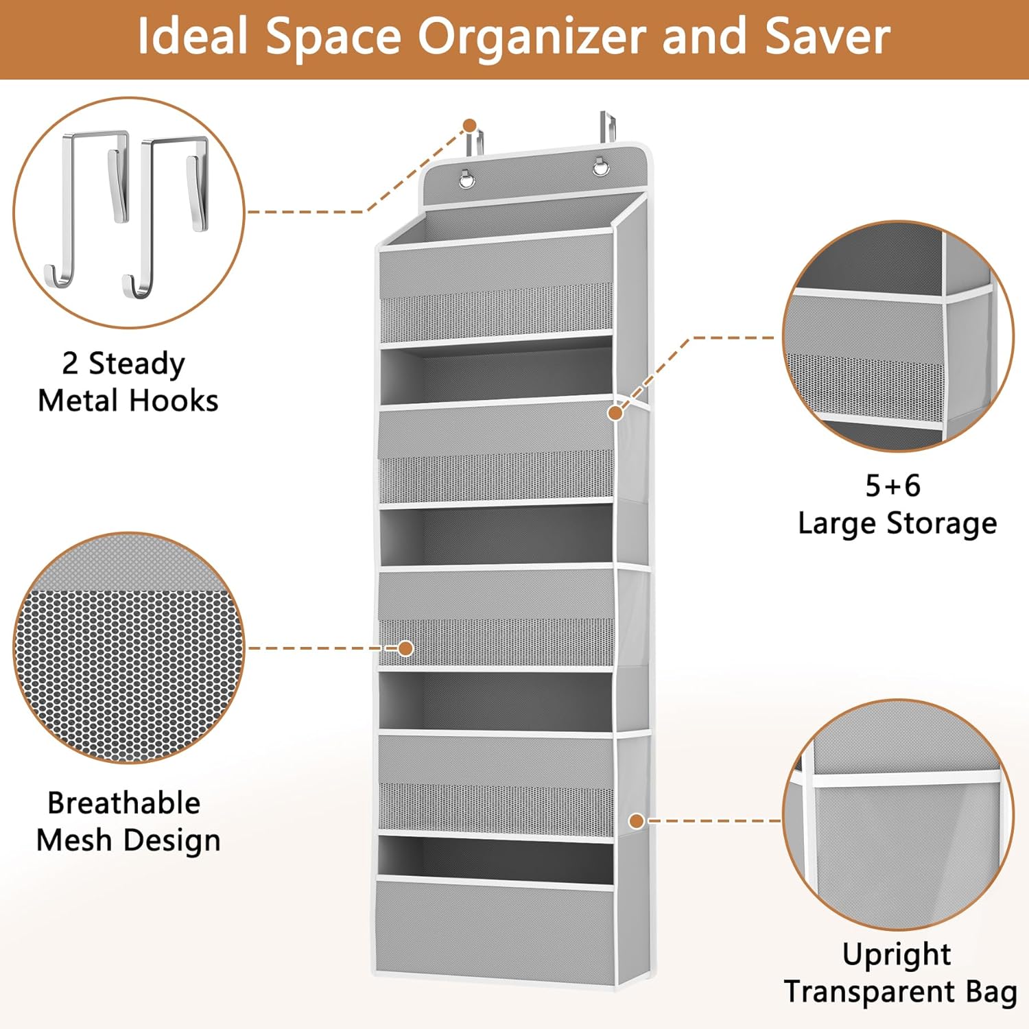 1 Pack 5-Tier Over the Door Organizer, Heavy-Duty Large Deep Pocket Hanging With 5 Large Front & 6 Side Pockets With for Pantry, Kitchen, Bathroom, Dorm, Grey