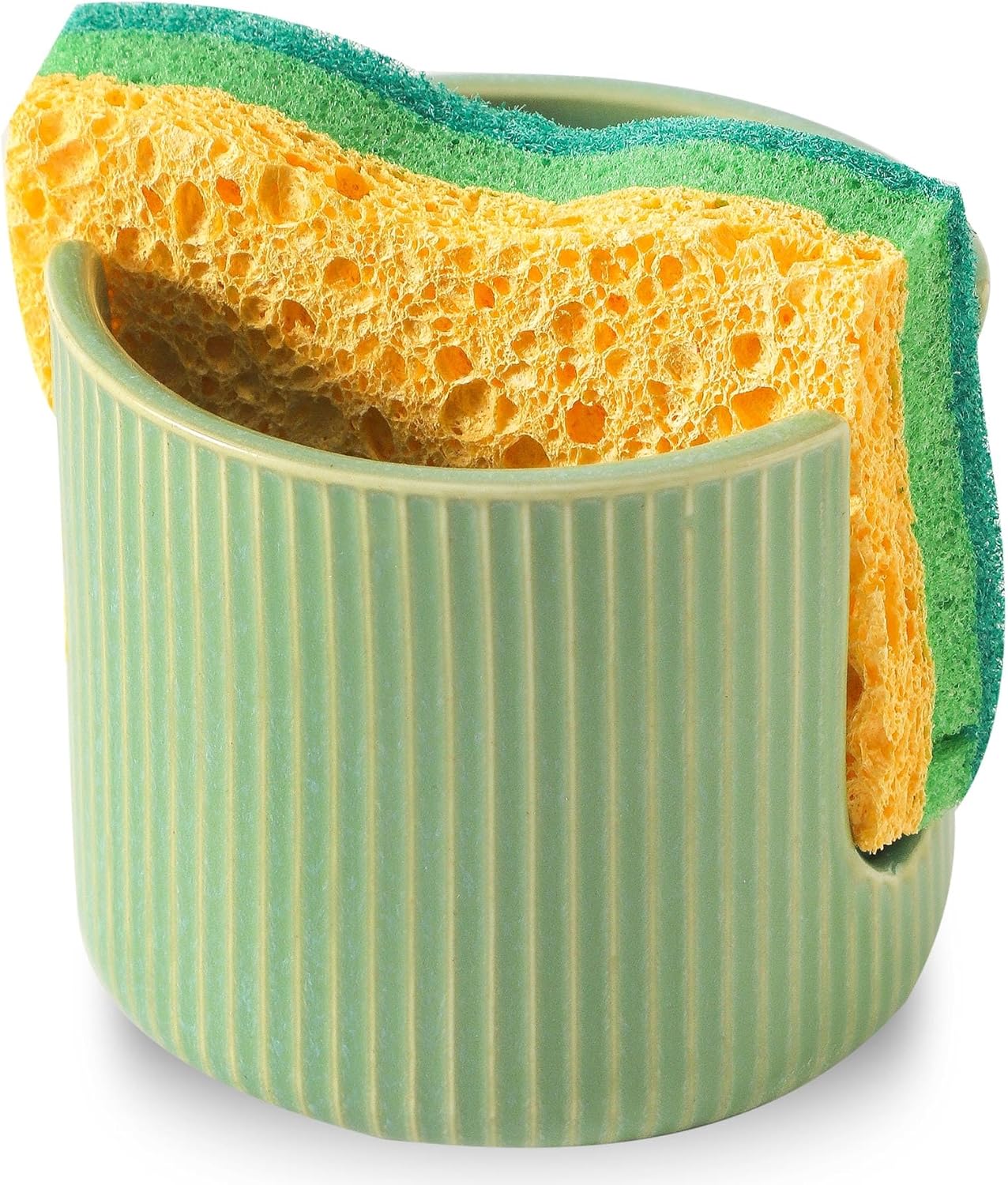 Sponge Holder for Kitchen Sink Countertop, Ceramic Scrub Sponge Dish Holder, Compact Sink Caddy Organizer Accessories for Dish Brush, Scrubber, Glazed Green