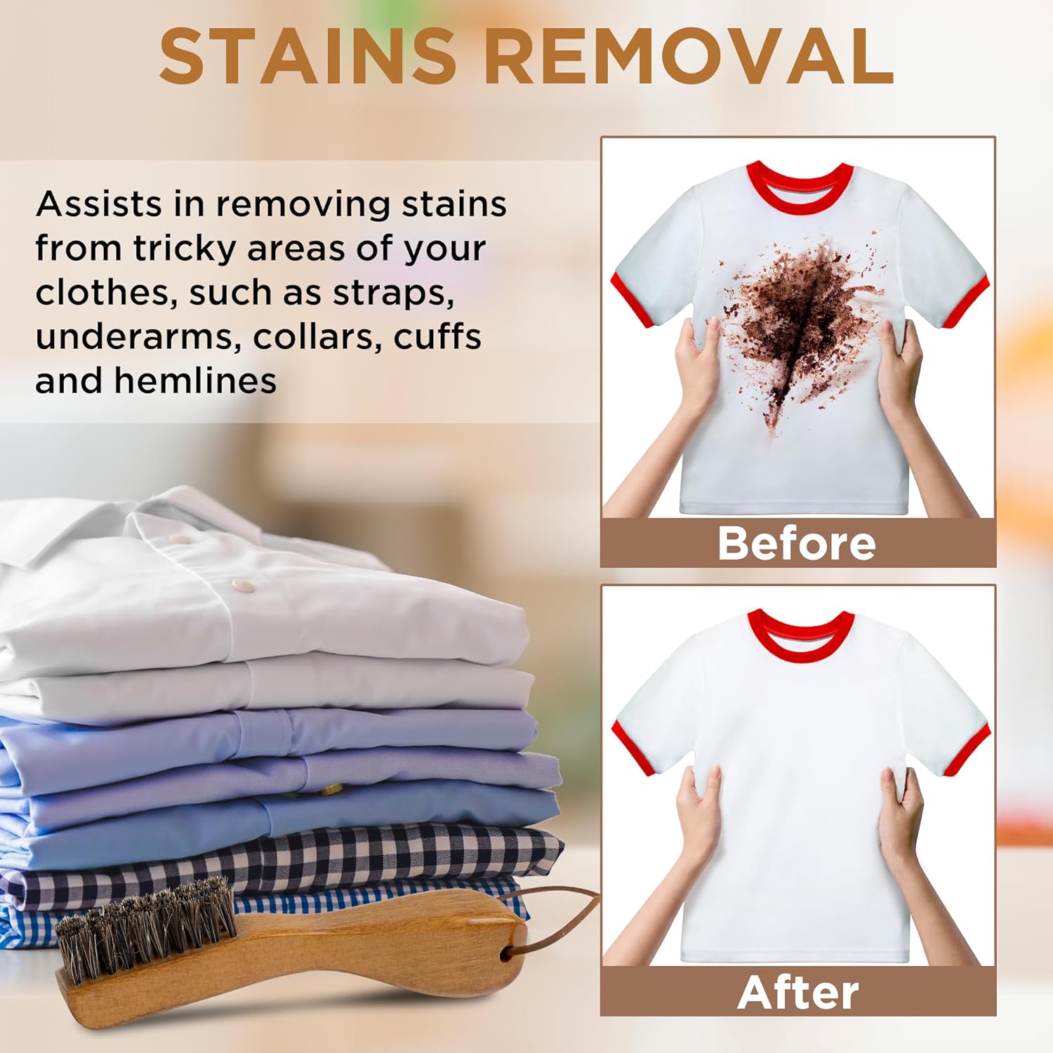 TAKAVU Stain Brush, Laundry Brush for Stain Removal, Natural Horse Hair Cleaning Brush with Ergonomic Handle, Suitable for Delicate Fabrics Without Damage, Perfect Laundry, Shoes, Boots, Home