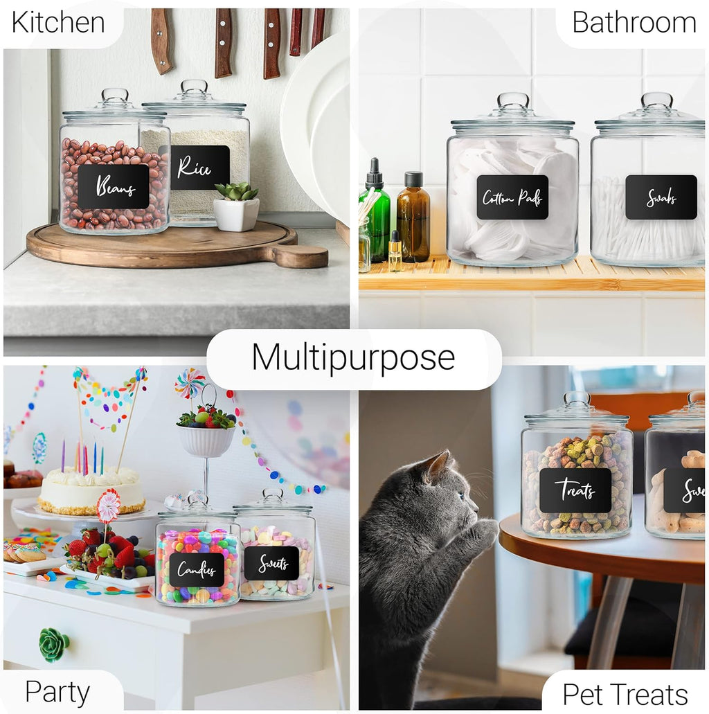 1 Gallon Glass Cookie Jars + Labels & Marker - Set of 2 Canister Sets for Kitchen Counter with Airtight Lids, Sugar Packet Holders Food Storage Containers with Lids Airtight for Pantry, Flour, Sugar.