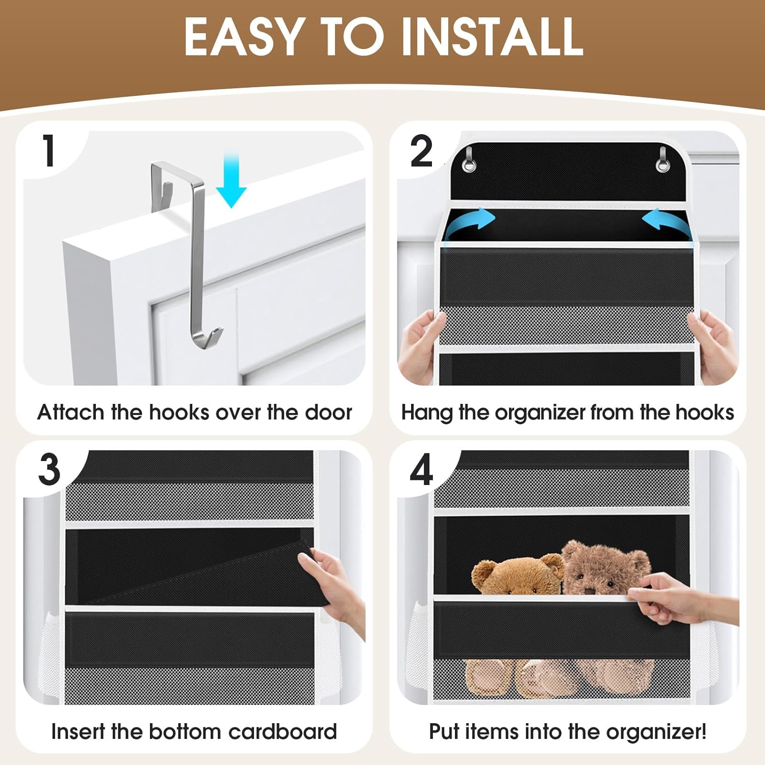 1 Pack Over The Door Organizer, Hanging Storage Organizer with Clear Window, 40lb Ultra Sturdy Large Capacity Room Organizer for Pantry Laundry Bathroom Nursery Closet (Black)