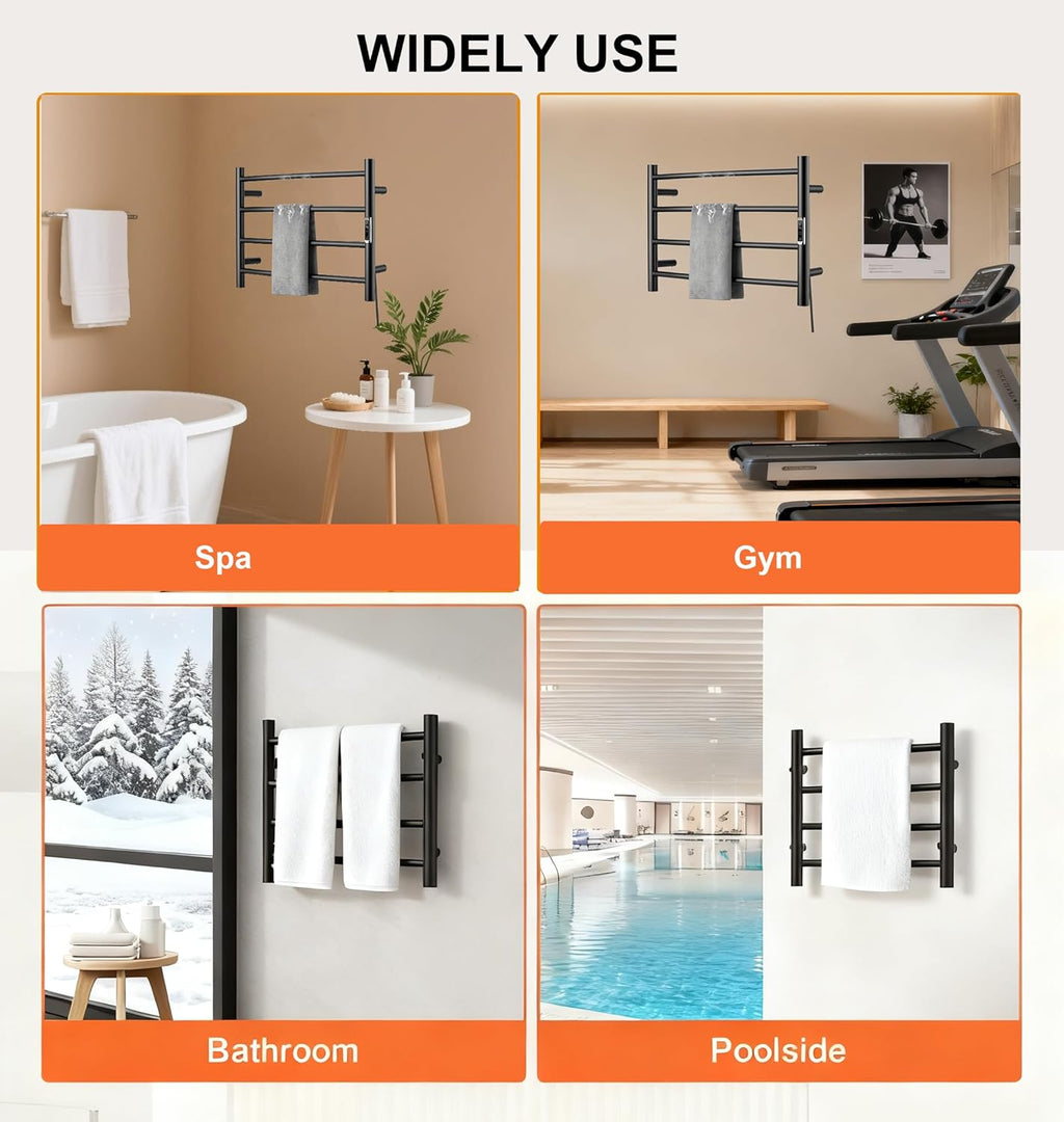 (1 Pack) Electric Towel Warmer with Built-in Timer - Wall Mounted Bathroom Heated Towel Rack, Plug-in Design Black