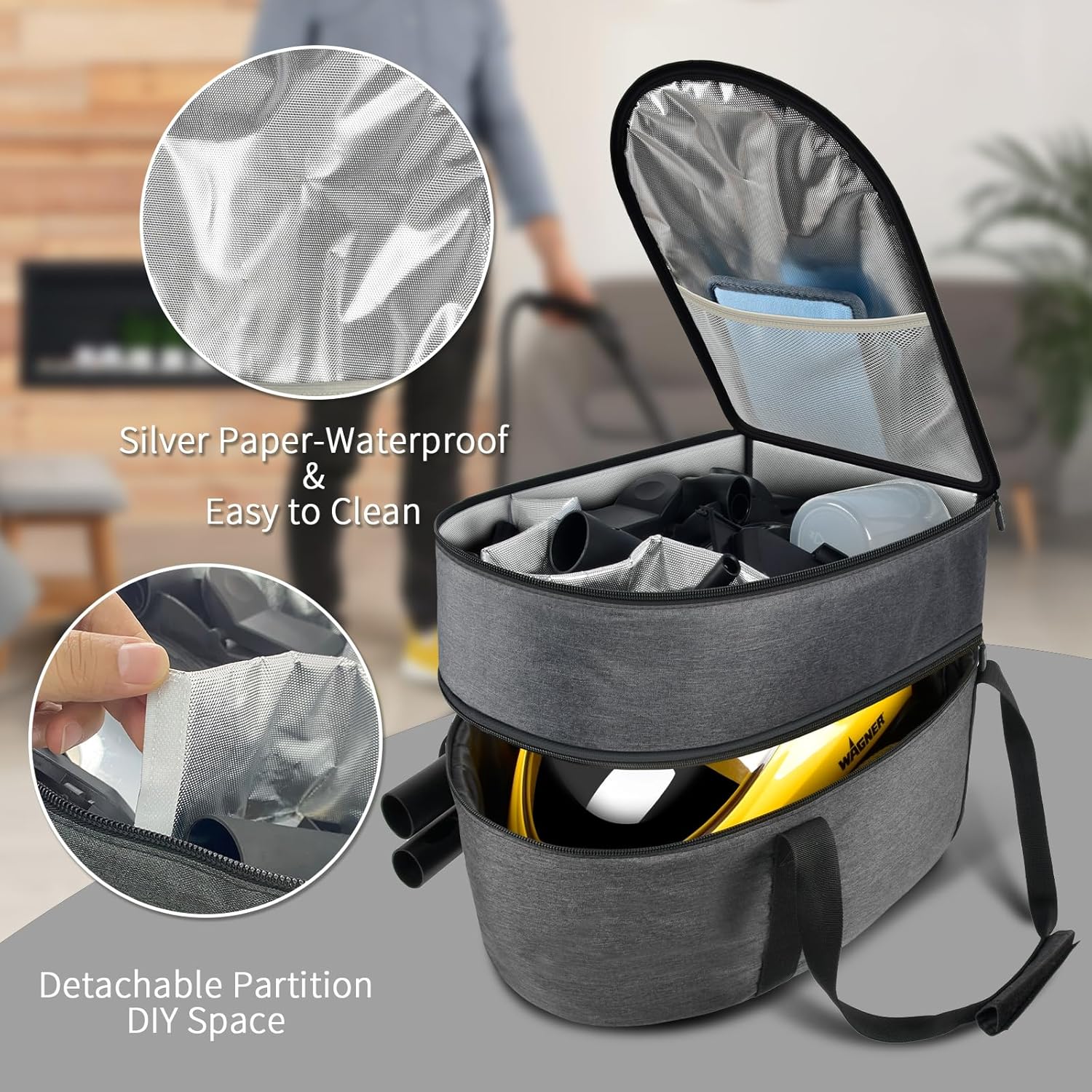 Bag for Wagner Spraytech 0282014 915e Portable Steam Cleaner, Foldable Handheld Steamer Storage Case Container for 18 Accessories Cleaning Brushes, Wallpaper Steam Plate with Pockets-Bag Only