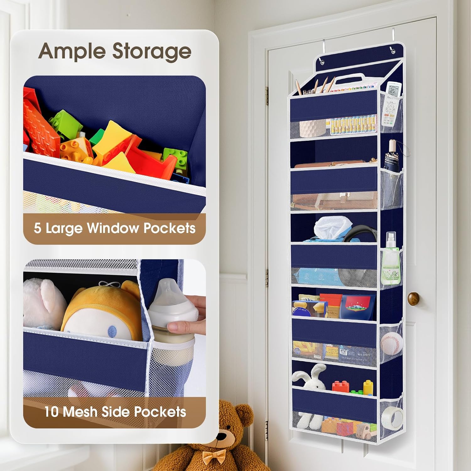 1 Pack Over The Door Organizer, Hanging Storage Organizer with Clear Window, 40lb Ultra Sturdy Large Capacity Room Organizer for Pantry Laundry Bathroom Nursery Closet (Blue)