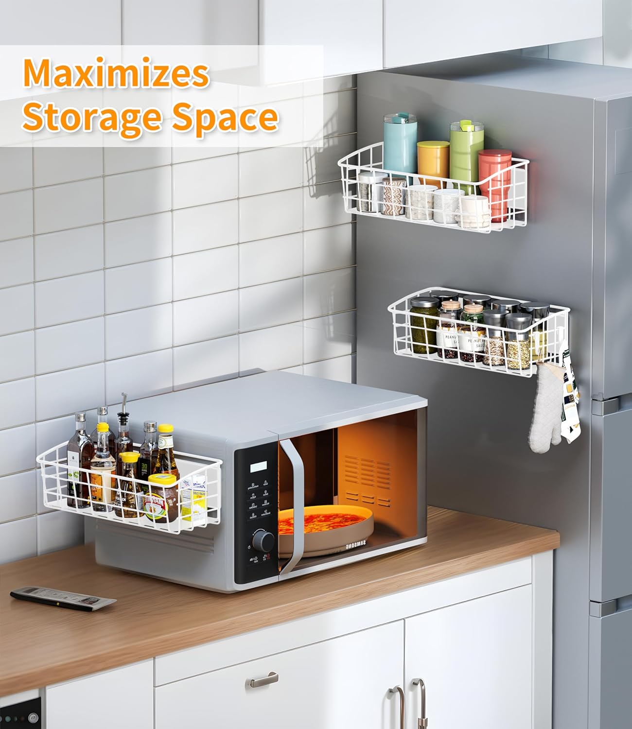 1-Pack Magnetic Spice Rack for Refrigerator, Versatile Magnetic Shelf Organizer with 1 Hooks for Kitchen Storage, Large Capacity Spice Rack for Fridge, Oven, or Cabinet - White