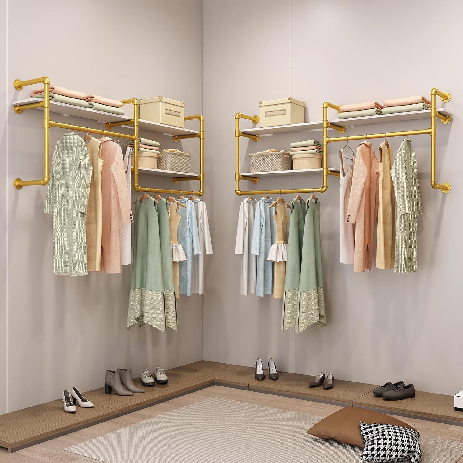 Industrial Pipe Clothing Rack Wall Mounted - Heavy Duty 2-Tier Closet Organizer with Wood Shelves & Dual Hanging Rods for Bedroom/Retail Store, Gold