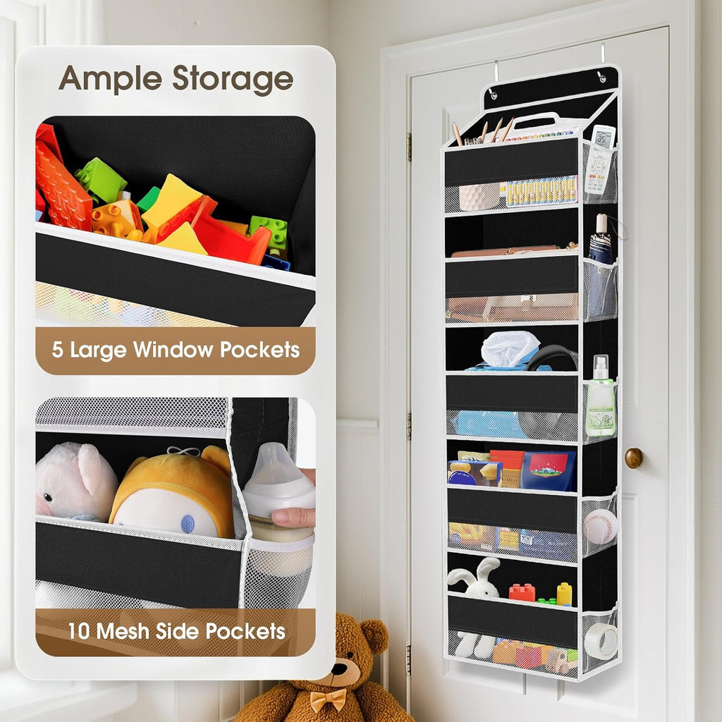 1 Pack Over The Door Organizer, Hanging Storage Organizer with Clear Window, 40lb Ultra Sturdy Large Capacity Room Organizer for Pantry Laundry Bathroom Nursery Closet (Black)