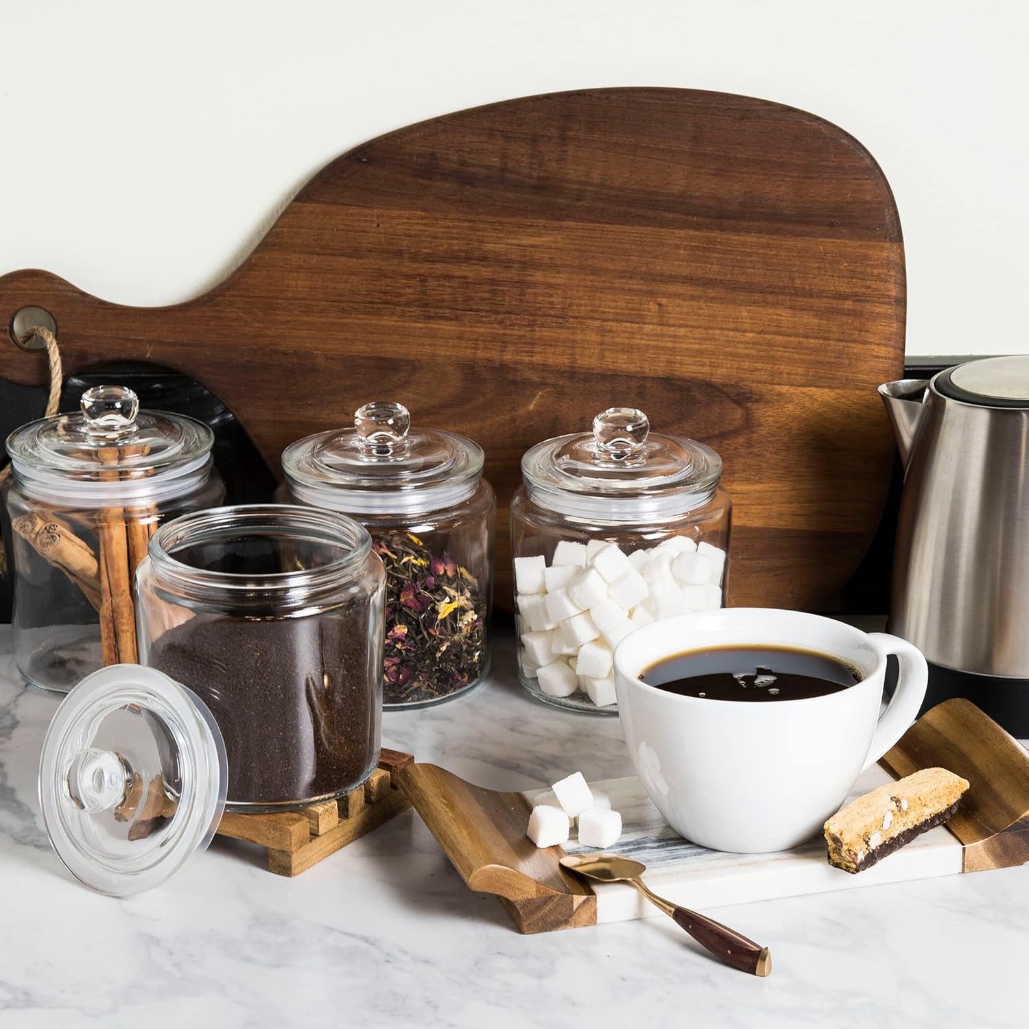 1 Gallon Glass Cookie Jars + Labels & Marker - Set of 2 Canister Sets for Kitchen Counter with Airtight Lids, Sugar Packet Holders Food Storage Containers with Lids Airtight for Pantry, Flour, Sugar.
