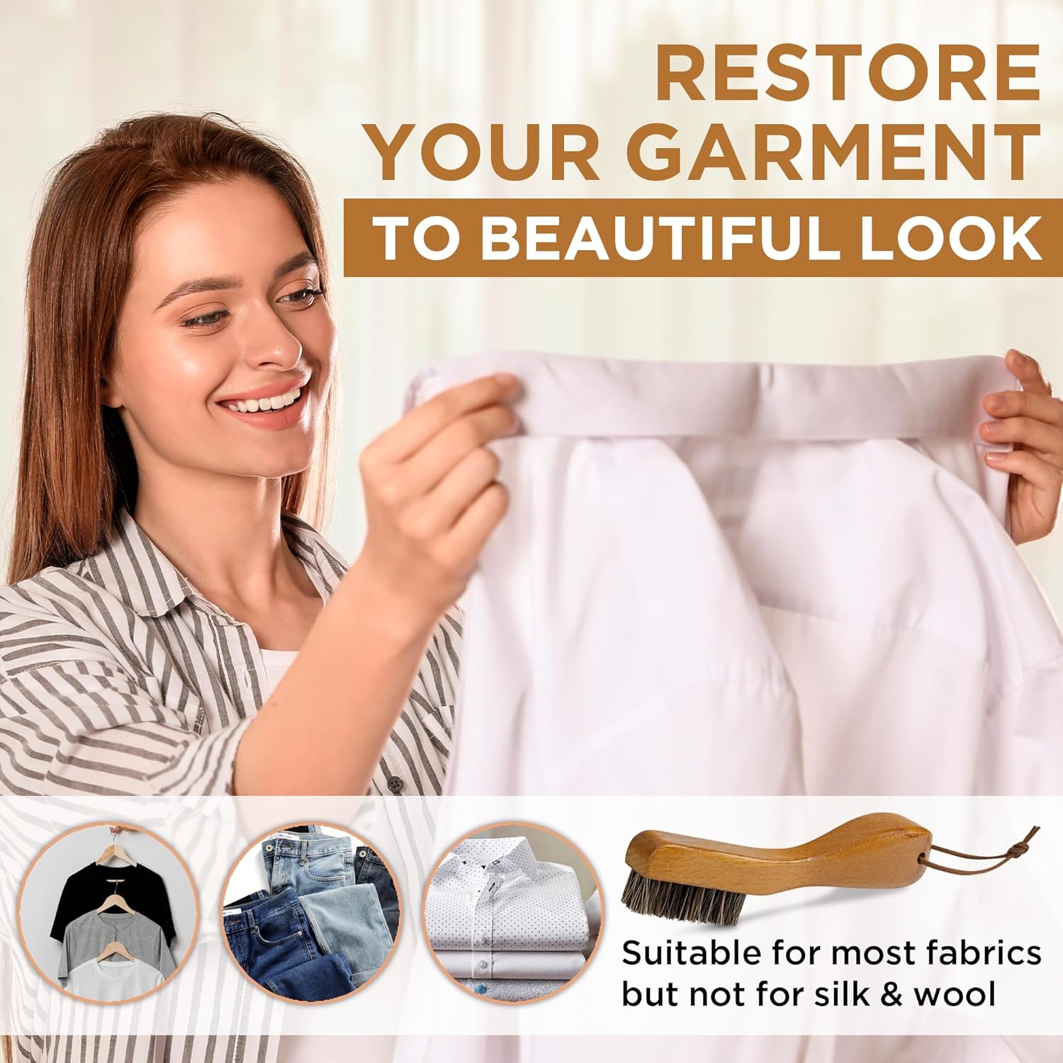 TAKAVU Stain Brush, Laundry Brush for Stain Removal, Natural Horse Hair Cleaning Brush with Ergonomic Handle, Suitable for Delicate Fabrics Without Damage, Perfect Laundry, Shoes, Boots, Home