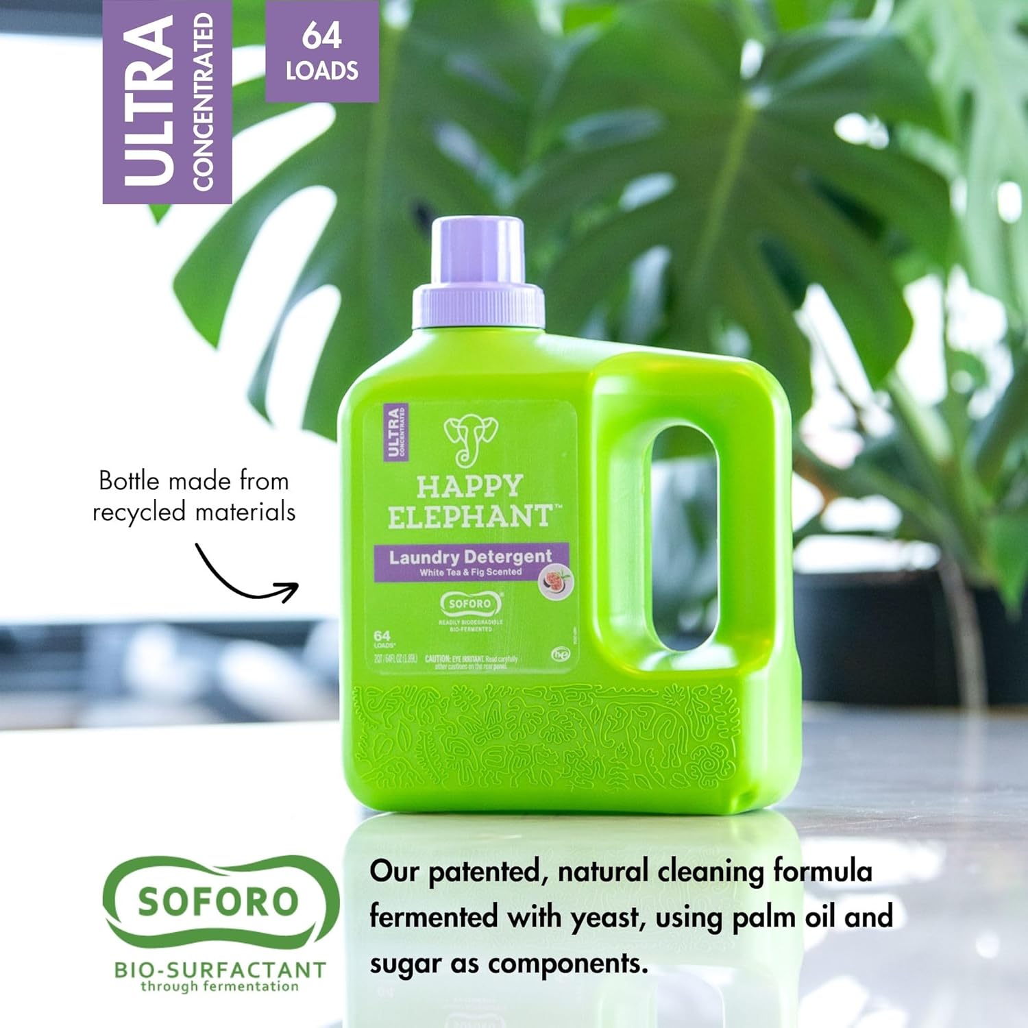 Happy Elephant Laundry Detergent, White Tea & Fig Scent, Ultra Concentrated Washing Machine Laundry Soap, Plant Based, Stain Remover, Gentle on Sensitive Skin, HE Compatible, 64 Loads, 64 Fl Oz