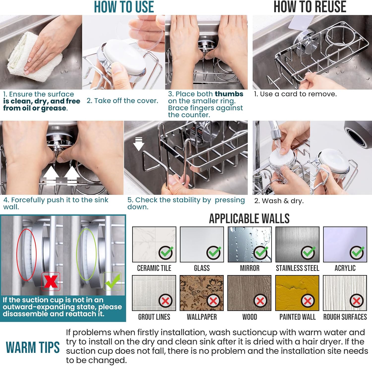 TAILI 4-in-1 Sponge Holder for Kitchen Sink with Strong Suction Cup Removable, Rustproof Aluminum Sink Caddy for Sponge, Brush, Scrubber, Scraper -Silver