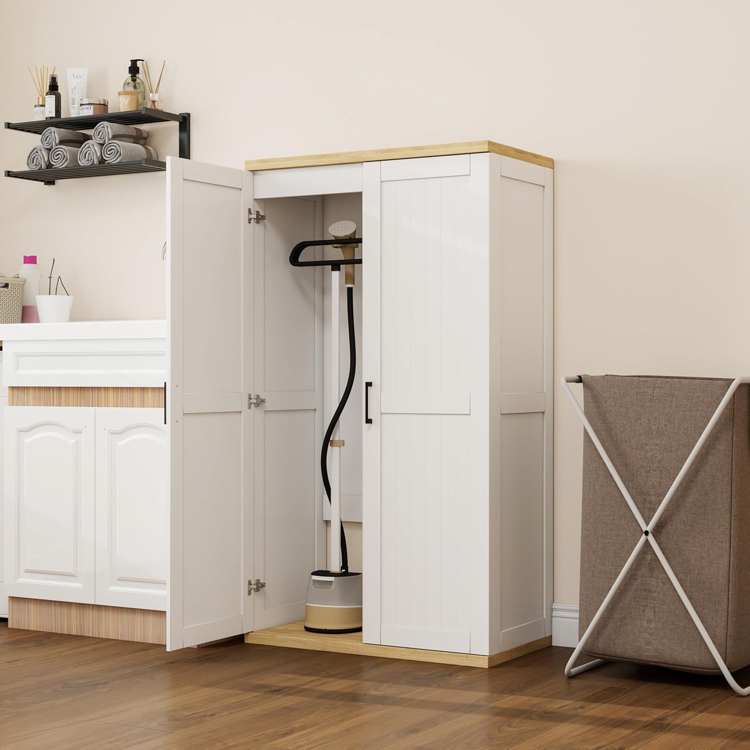 Wooden 55" Tall Broom Closet Storage Cabinet for Vacuum Cleaner & Floor Scrubbers with 2 Doors and Adjustable Shelf, Cleaning Supply Cabinet with Bottom Openwork for Laundry Room, Garage