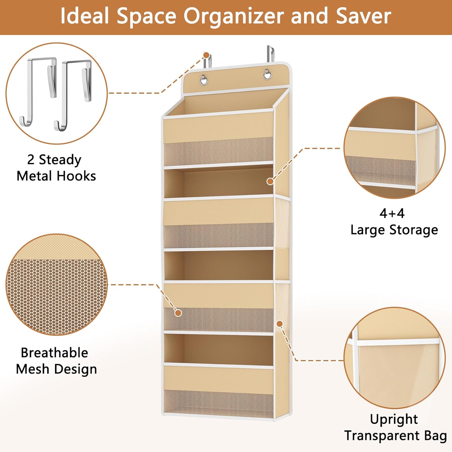 1 Pack 4-Tier Over the Door Organizer, Heavy-Duty Large Deep Pocket Hanging With 4 Large Front & 4 Side Pockets With for Pantry, Kitchen, Bathroom, Dorm, Beige