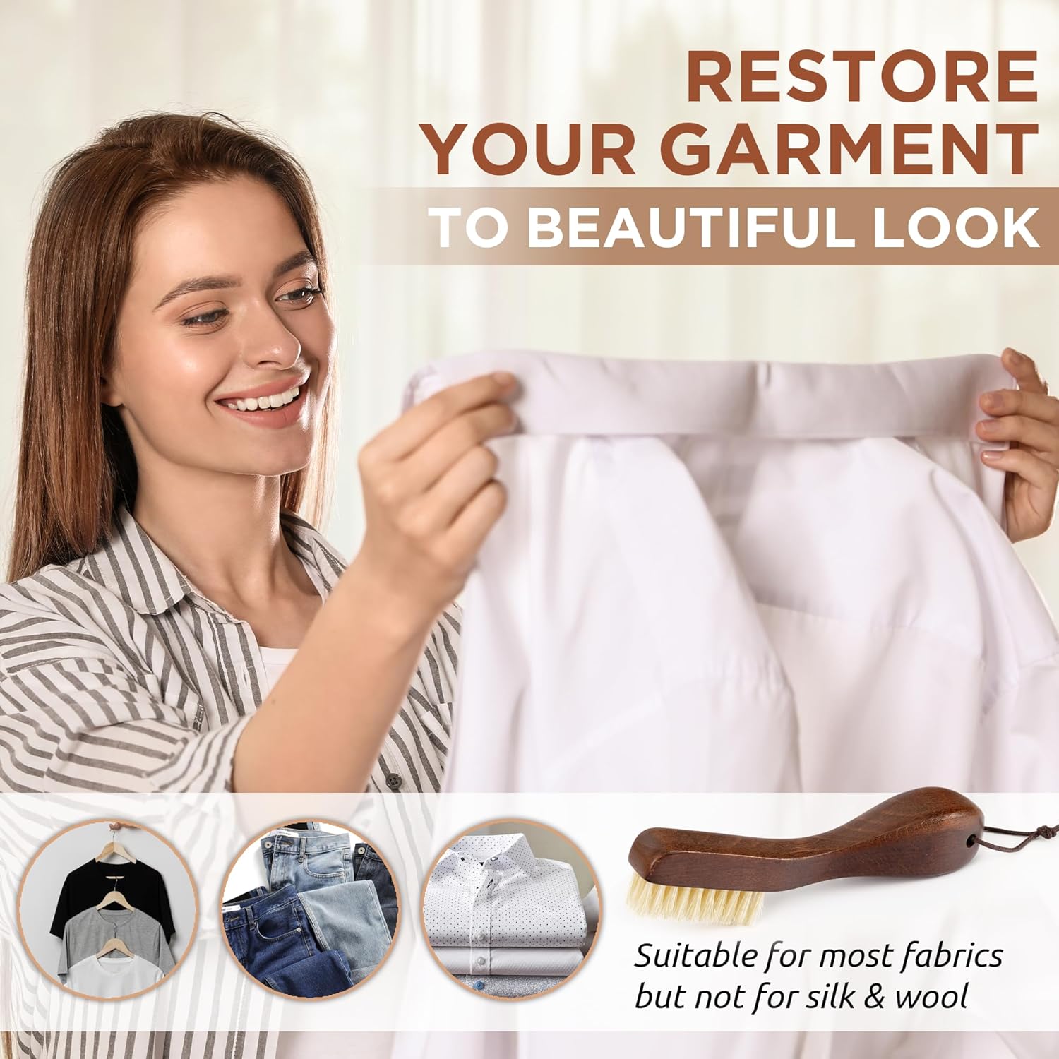 TAKAVU Laundry Stain Brush Set of 2 – Clothes Cleaning Brushes with Natural Boar Bristles & Wooden Handle – Fabric Care Scrubbing Brush for Stain Removal, Shoes, Upholstery & Garment Care