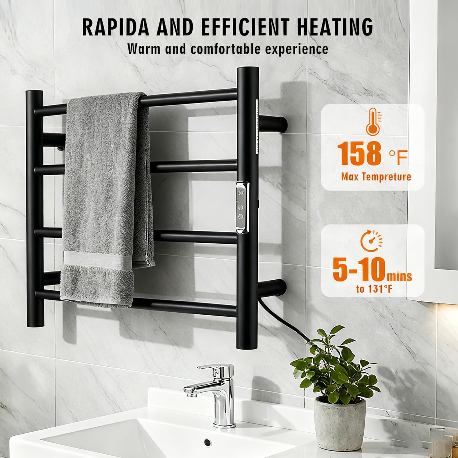 (1 Pack) Electric Towel Warmer with Built-in Timer - Wall Mounted Bathroom Heated Towel Rack, Plug-in Design Black