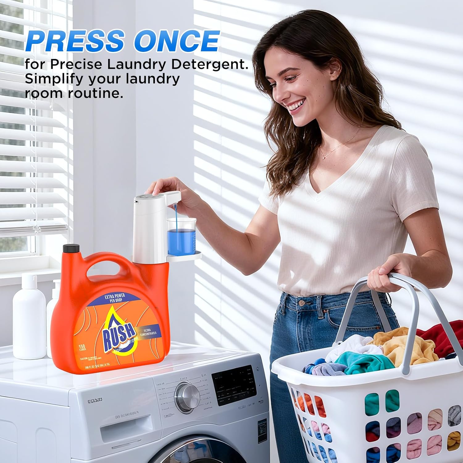 Electric Laundry Detergent Dispenser, 2000mAh USB-C Rechargeable Laundry Soap Dispenser Pump, 15-75 ml One-Press Dose, No-Spill for Liquid Detergent Containers, Laundry Organization(White)