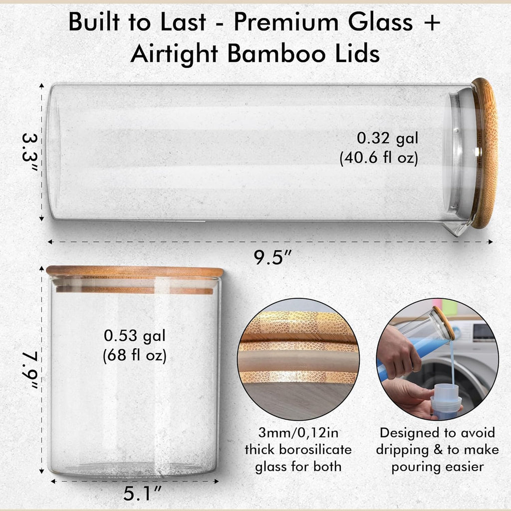 IVIZA Glass Laundry Detergent Dispenser & Storage Set – Liquid Detergent Pump, Fabric Softener Dispenser, Laundry Powder Jar & Dryer Sheet Holder – Complete Laundry Organization Set