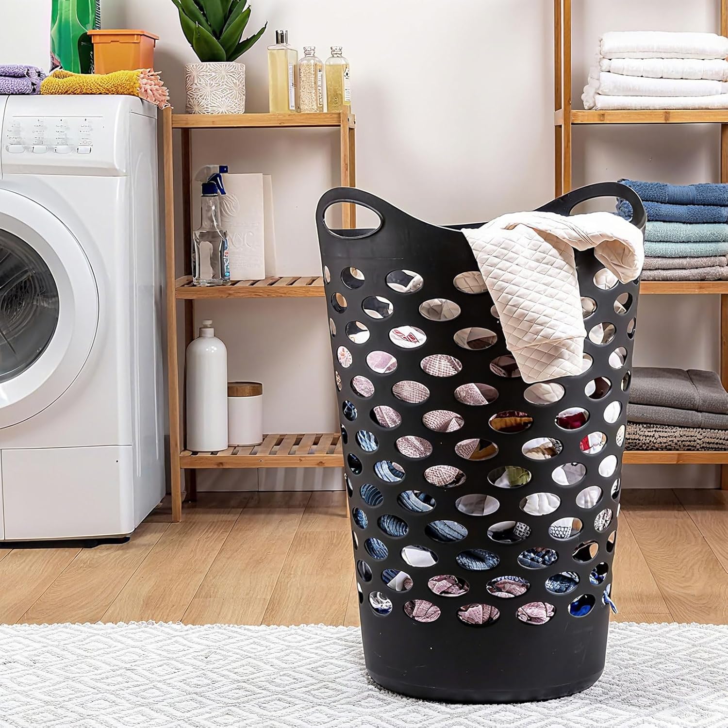 (3 Pack) Black Plastic Round Laundry Hamper - 2.2 Bushel Capacity, Lightweight with Flex Carrying Handles for Home, Dorm, Bathroom & Laundry Room