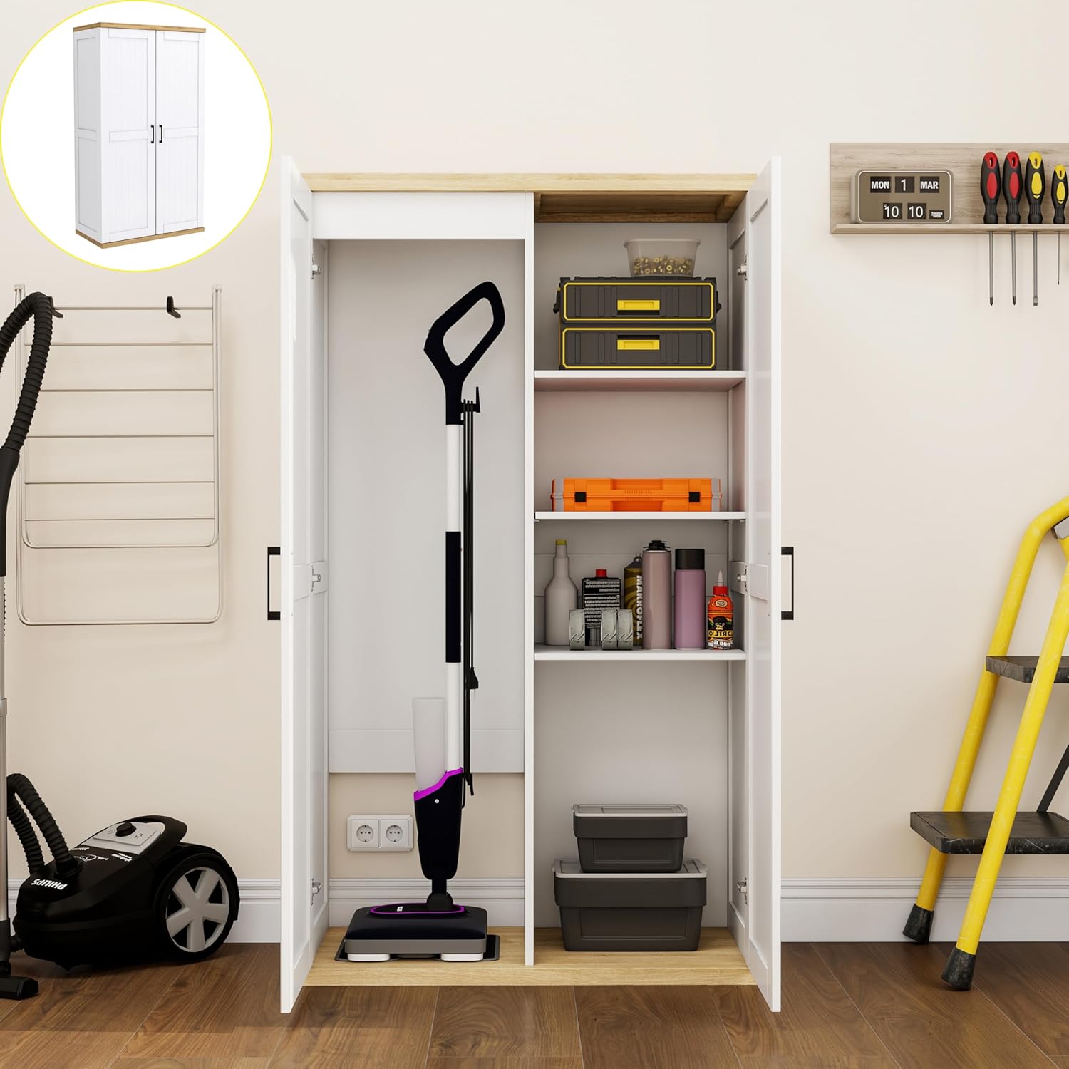 Wooden 55" Tall Broom Closet Storage Cabinet for Vacuum Cleaner & Floor Scrubbers with 2 Doors and Adjustable Shelf, Cleaning Supply Cabinet with Bottom Openwork for Laundry Room, Garage