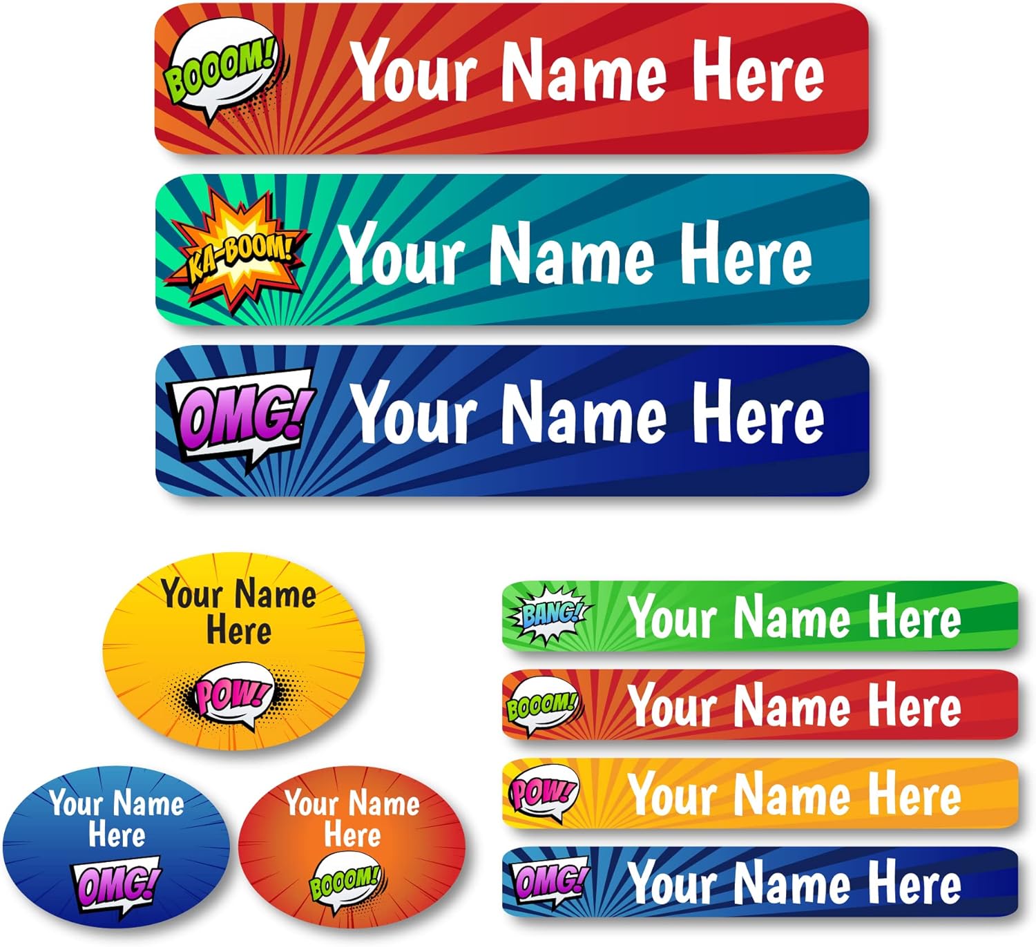 Lovable Labels Personalized Labels for Kids (85 Labels/Pack) - 3 Label Sizes Waterproof Dishwasher Safe Peel & Stick Labels for School Supplies Daycare Camp Clothing Bottles (Comic Flash)