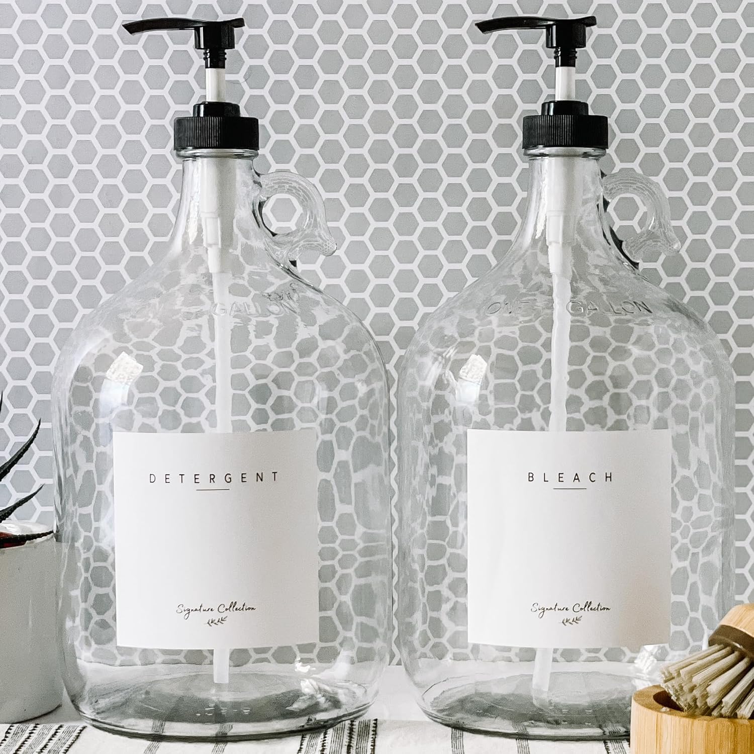 Laundry Detergent Dispenser for Laundry Room - Two Empty One Gallon Glass Jugs, Fabric Softener, Soap Dispenser or Bleach, 128 oz - Black Liquid Pump, Includes 4 Labels