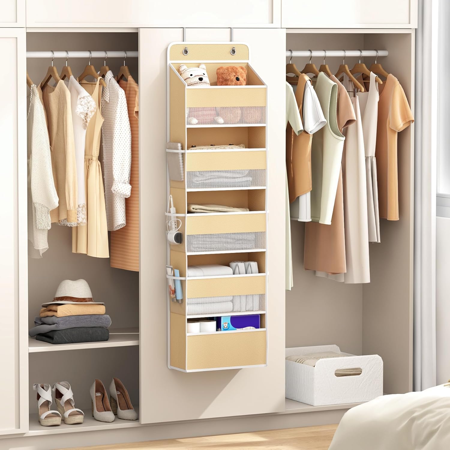 1 Pack 5-Tier Over the Door Organizer, Heavy-Duty Large Deep Pocket Hanging With 5 Large Front & 6 Side Pockets With for Pantry, Kitchen, Bathroom, Dorm, Beige