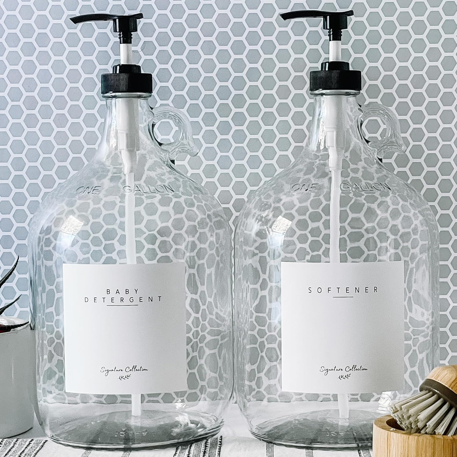 Laundry Detergent Dispenser for Laundry Room - Two Empty One Gallon Glass Jugs, Fabric Softener, Soap Dispenser or Bleach, 128 oz - Black Liquid Pump, Includes 4 Labels