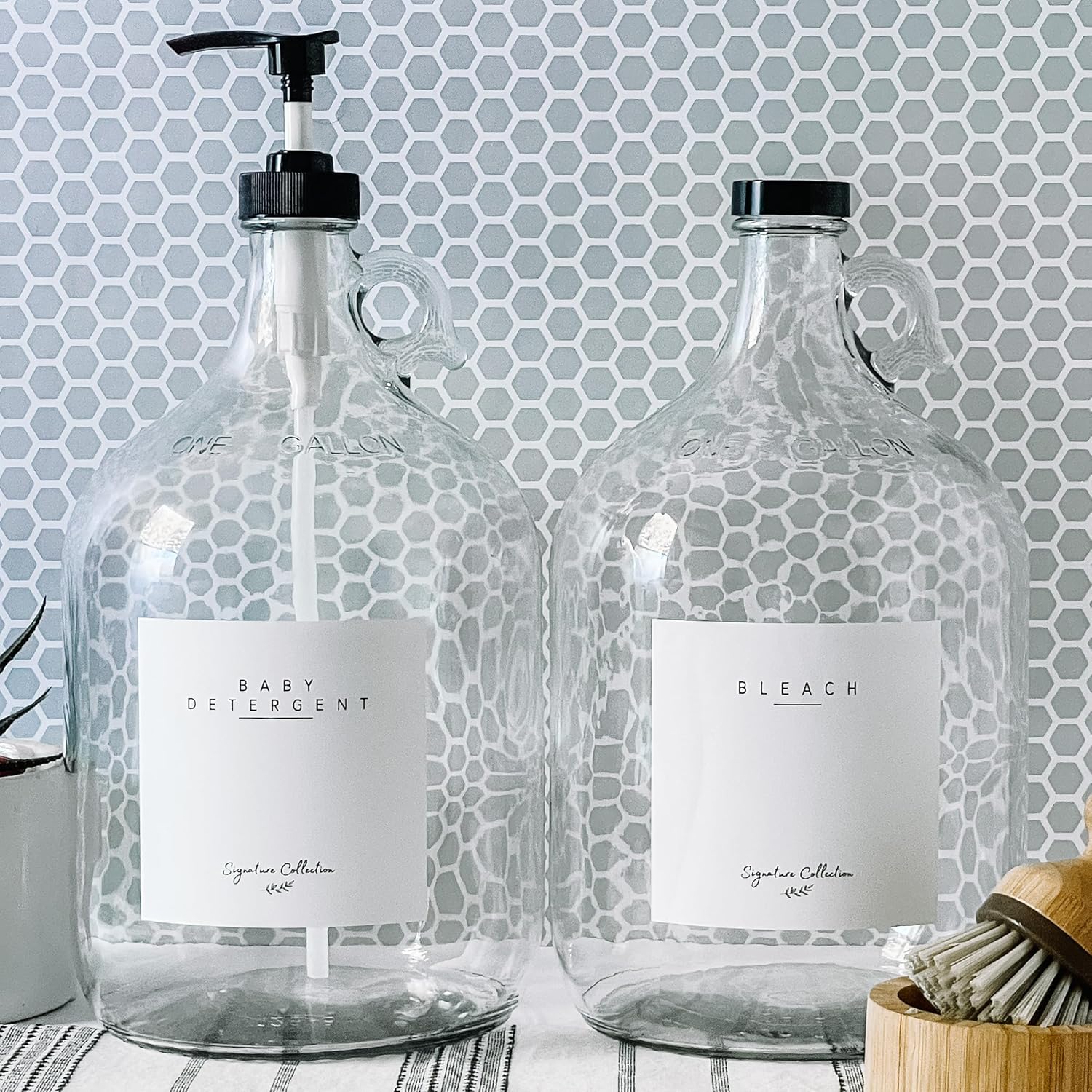 Laundry Detergent Dispenser for Laundry Room - Two Empty One Gallon Glass Jugs, Fabric Softener, Soap Dispenser or Bleach, 128 oz - Black Liquid Pump, Includes 4 Labels