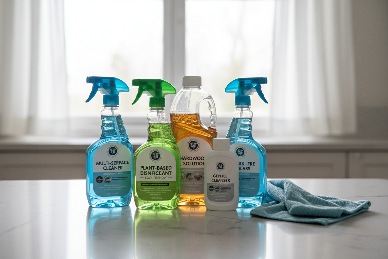 Home Cleaning Essentials:

Multi-surface cleaners for kitchens, bathrooms, and living areas

Eco-friendly disinfectants that protect your family without harsh chemicals

Specialty cleaners for glass, floors, and delicate surfaces (make it real photo)